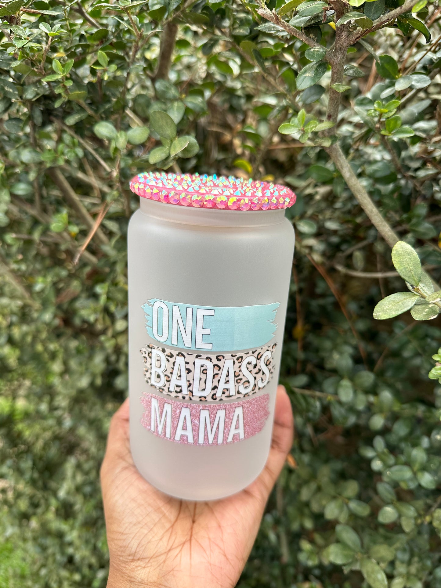 One Badass Mama: Libbey Glass Cup with Sparkling Pink Lid