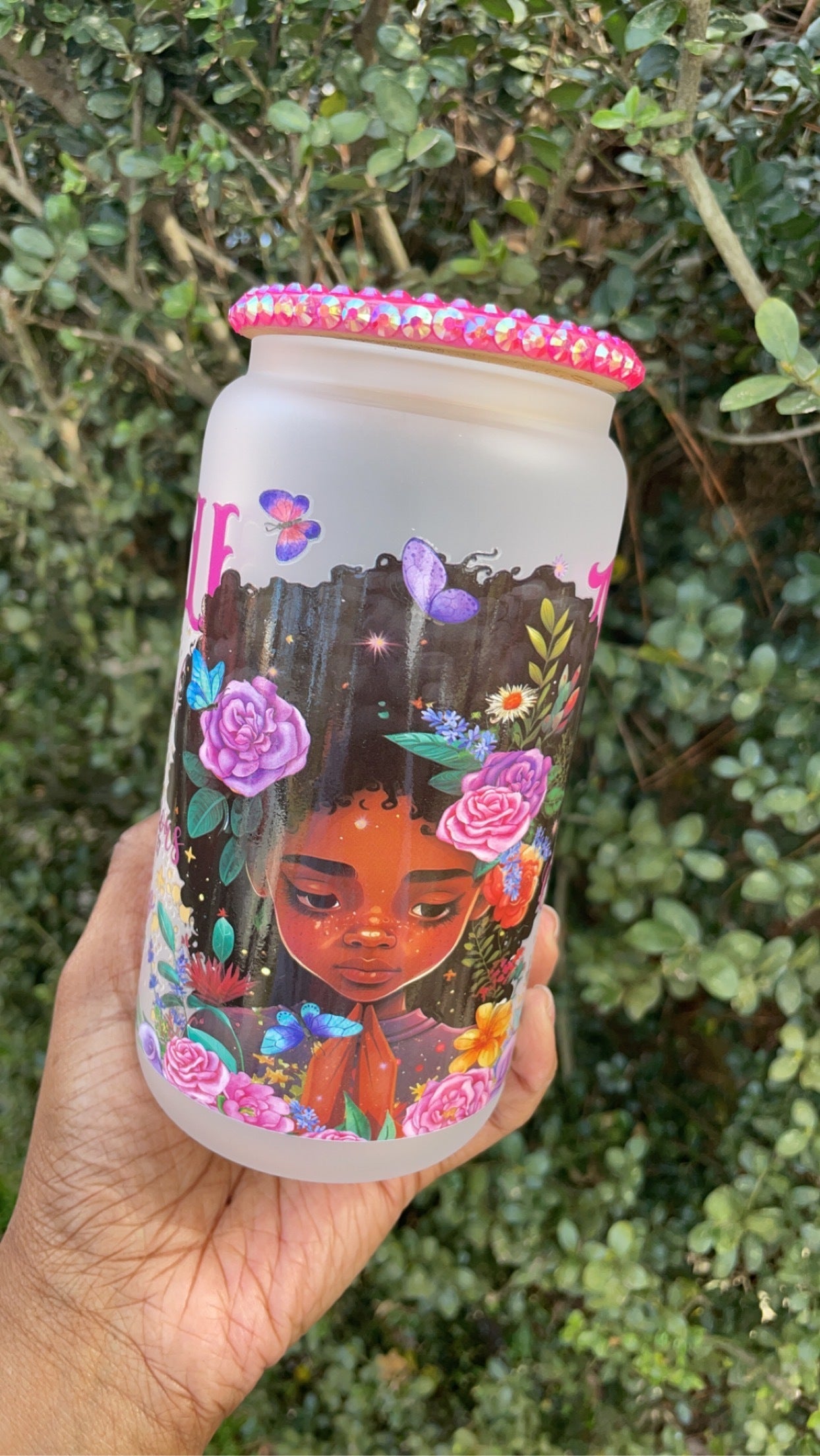 Charming Pink Lid Libbey Glass Cup with Afro Girl and Butterflies