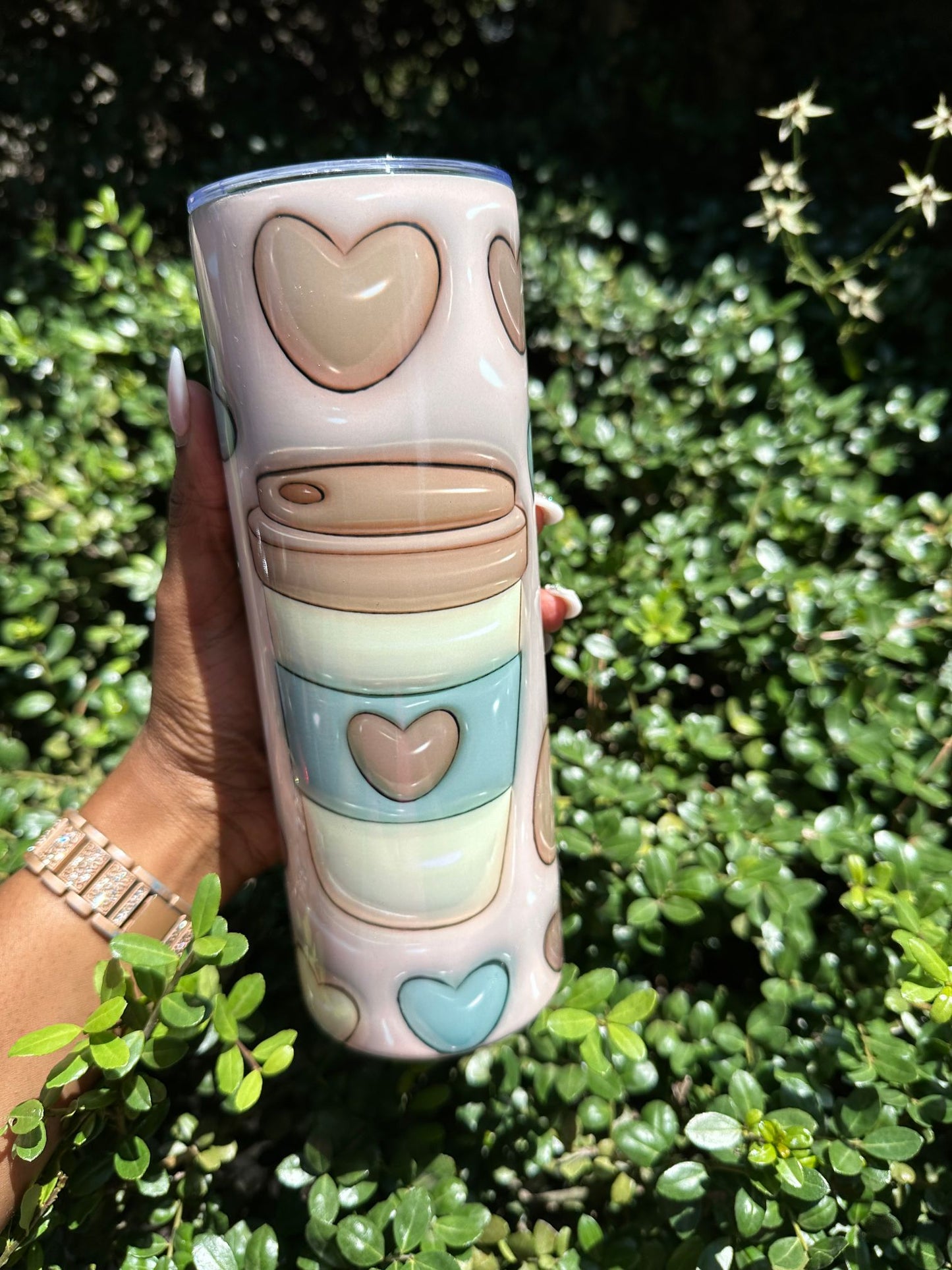 Coffee Lover's Dream: Baby Blue Stripe and Sweet Brown Hearts Inside Your Tumbler