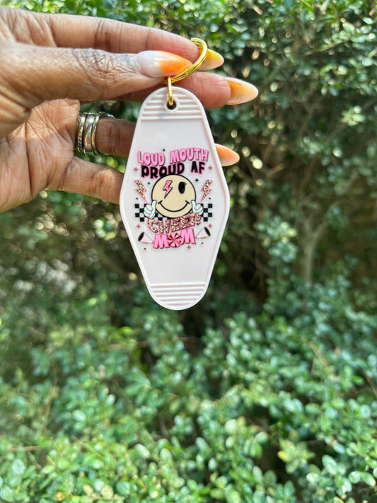 Loud Mouth AF Cheer Mom Keychain with Electric Spark Emoji